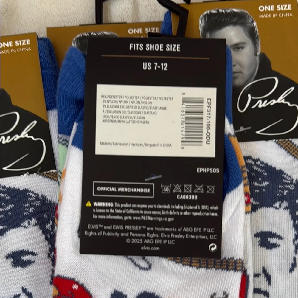 Elvis Presley Artistic Casual Crew Socks One Size White Blue